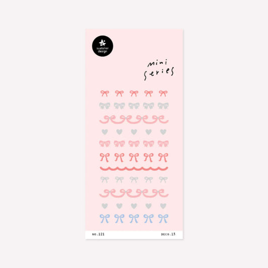 Illustrated mini series sticker sheet no. 121 deco.13 by Suatelier. This sticker sheet features a range of decorative bows and hearts in shades of red and pink.