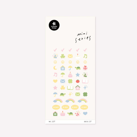 Illustrated mini series sticker sheet no. 127 deco.17 by Suatelier. This sticker sheet features a range of icons for journals and diaries, including a house, envelope, birthday cake, tick marks and hearts.