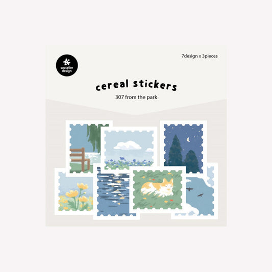 Illustrated sticker pack no. 307 "from the park" by Suatelier. This pack features over twenty miniature stamp-shaped stickers with park themed illustrations on, including a field of flowers, a night sky, a bench overlooking a lake and a sleeping cat.