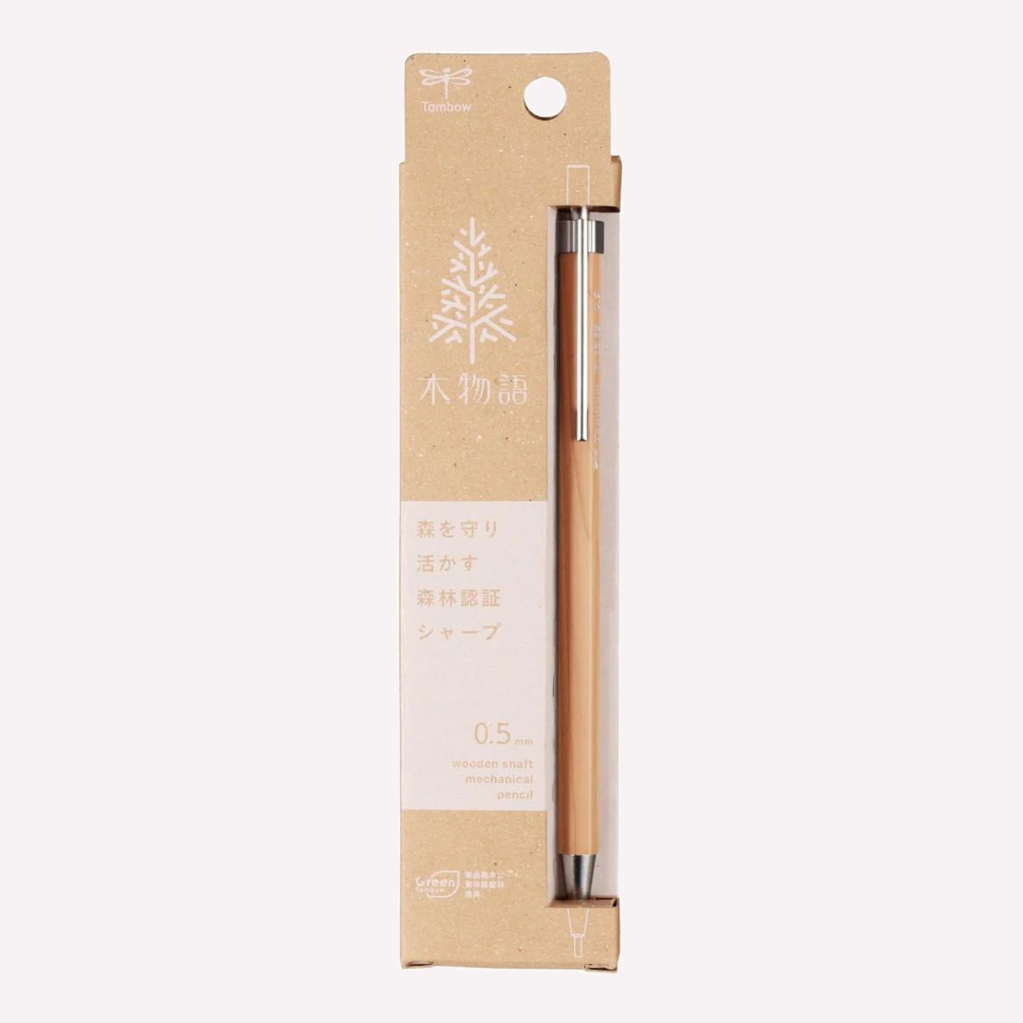 Tombow kimonogatari wooden barrel 0.5mm mechanical pencil in natural wood packaged in a beige cardboard box. 