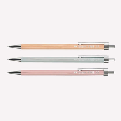 Tombow Kimonogatari wooden barrel 0.5mm mechanical pencil available in natural wood, nemophila blue and lilac pink with a sturdy metal clip. 