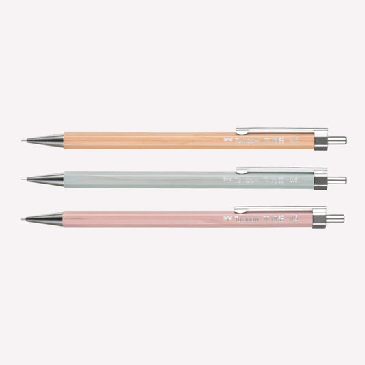 Tombow Kimonogatari wooden barrel 0.5mm mechanical pencil available in natural wood, nemophila blue and lilac pink with a sturdy metal clip. 