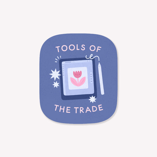 Paper 7x7cm sticker with 'Tools of the Trade' text and an illustration of an IPad on a blue background
