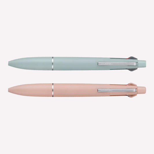 Uni jetstream lite 4+1 gel pen and mechanical pencils with a mist blue or coral pink barrel on a white background. 