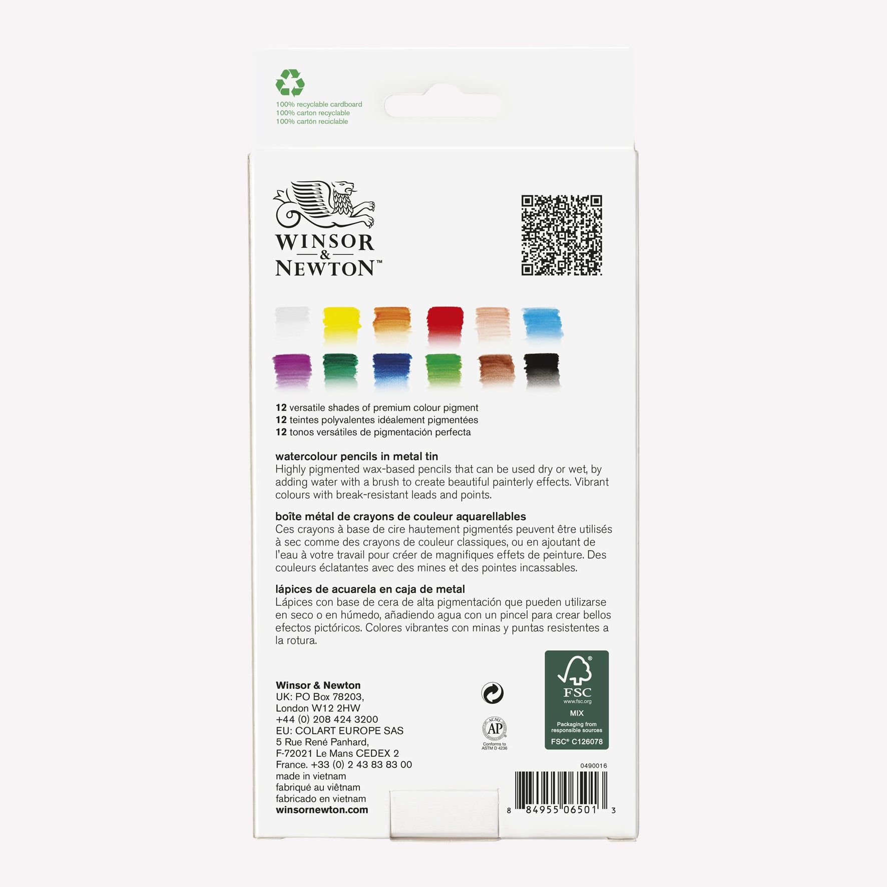 Reverse side of the packaging of Winsor and Newton’s Set of 12 Studio Collection Watercolour pencils with product information and swatches of the 12 tones available in the palette. 