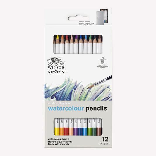 Winsor and Newton’s Set of 12 Studio Collection Watercolour pencils, packaged in a white cardboard box with cutouts to see the spectrum of colours included in the set.