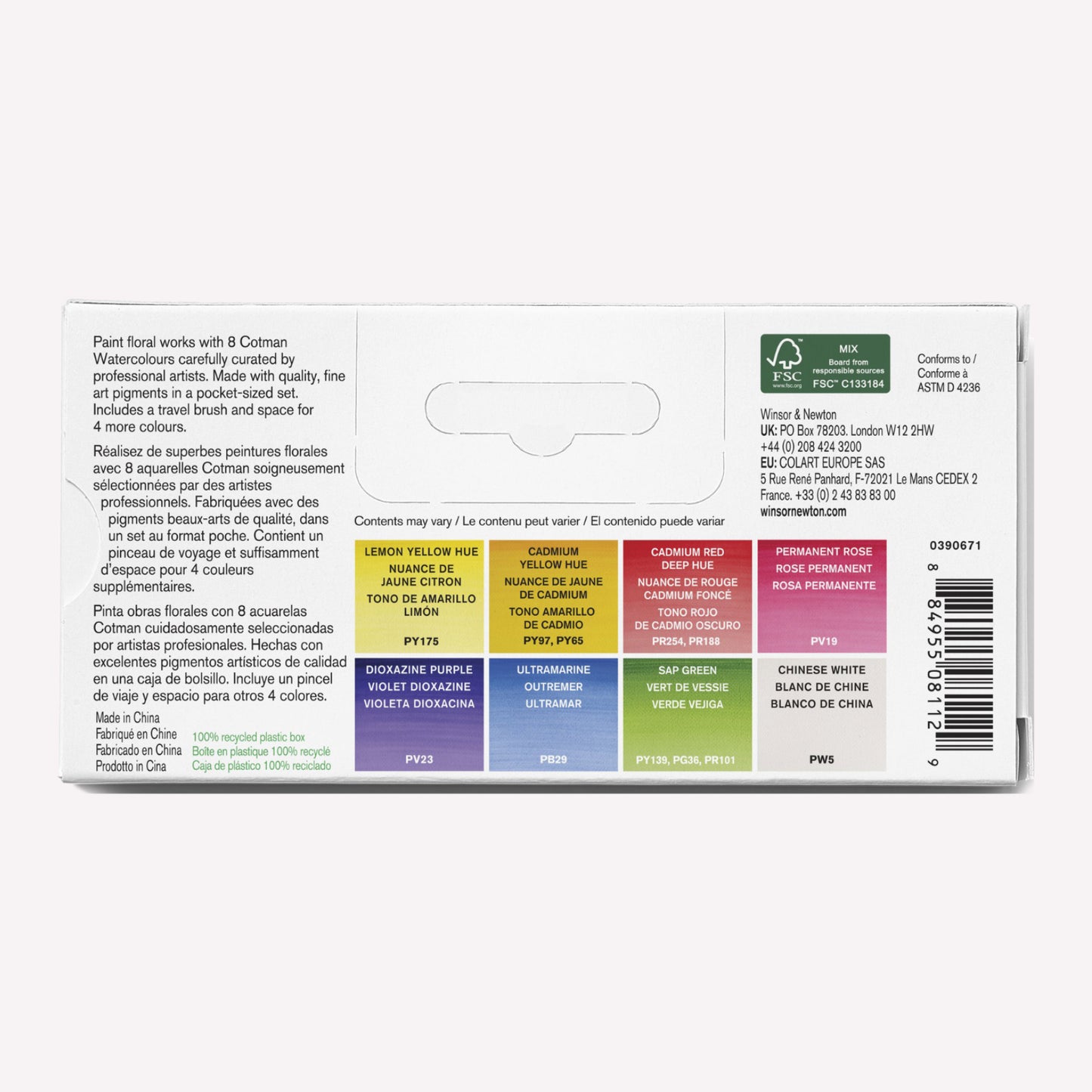 The reverse packaging of the Cotman Watercolour Half Pan Floral pocket set, showing the colours included in the set: Lemon Yellow, Cadmium Yellow, Cadmium Red, Permanent rose, Dioxazine Violet, Ultramarine, Sap Green and White - the perfect watercolour set for beginners or working while travelling. 