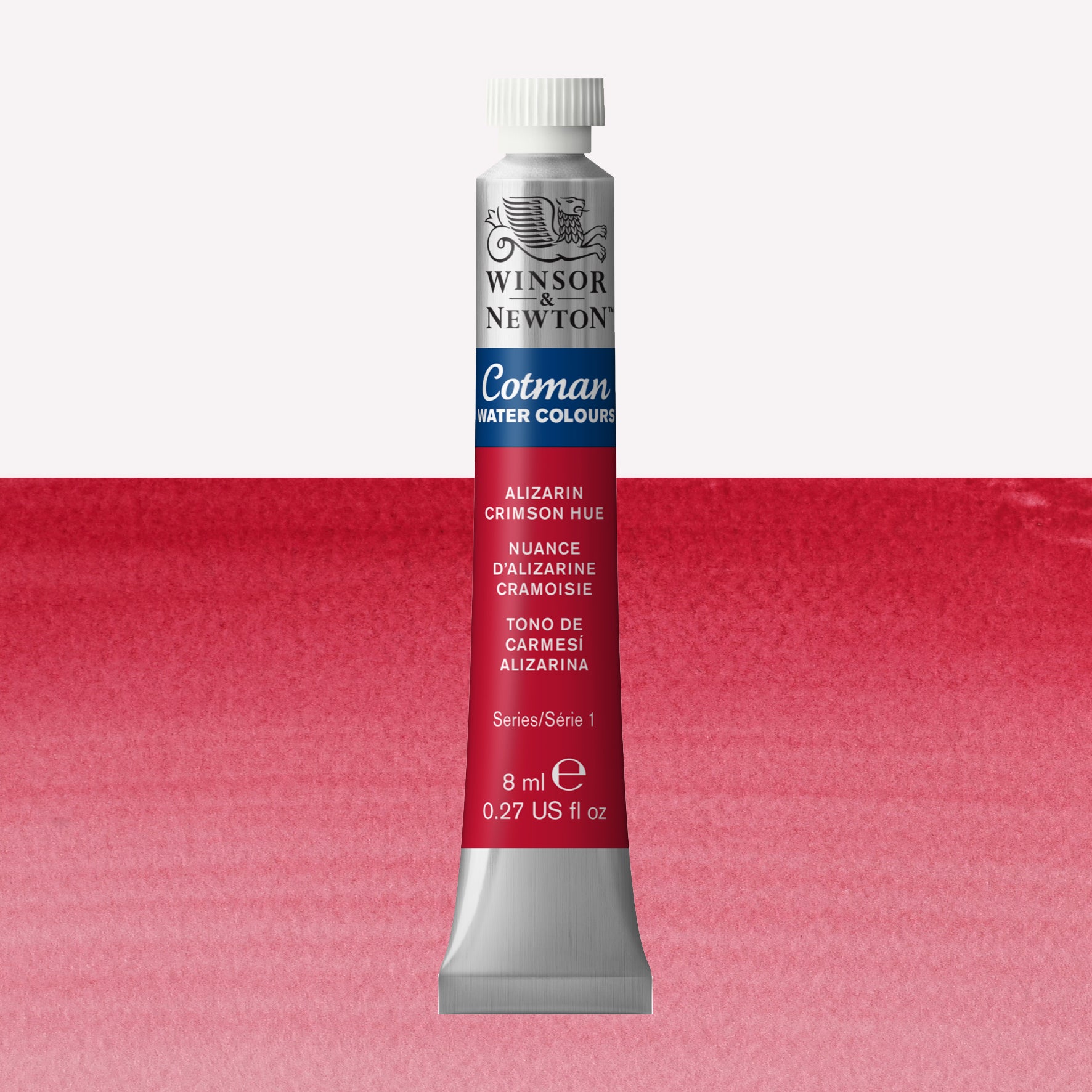 Winsor & Newton Cotman watercolour paint packaged in 8ml silver tubes with a white lid in the shade Alizarin Crimson Hue over a highly pigmented colour swatch.
