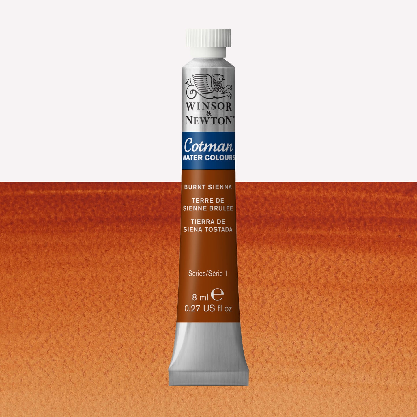 Winsor & Newton Cotman watercolour paint packaged in 8ml silver tube with a white lid in the shade Burnt Sienna  over a highly pigmented colour swatch.