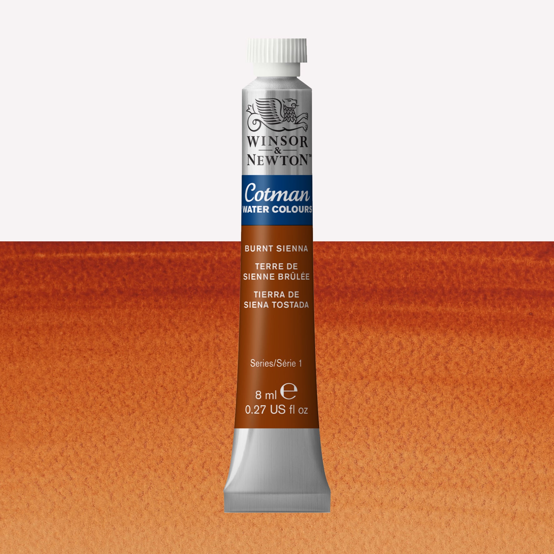 Winsor & Newton Cotman watercolour paint packaged in 8ml silver tube with a white lid in the shade Burnt Sienna  over a highly pigmented colour swatch.