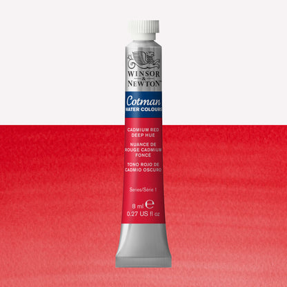 Winsor & Newton Cotman watercolour paint packaged in 8ml silver tubes with a white lid in the shade Cadmium Red Deep Hue over a highly pigmented colour swatch.