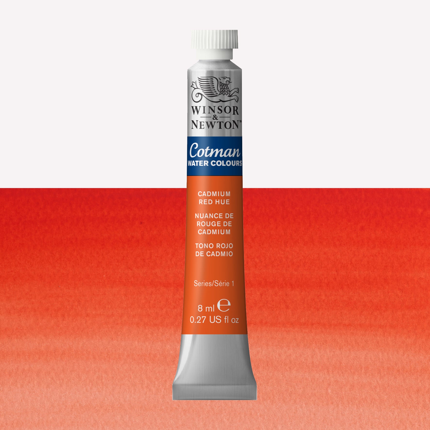 Winsor & Newton Cotman watercolour paint packaged in 8ml silver tubes with a white lid in the shade Cadmium Red Hue  over a highly pigmented colour swatch.