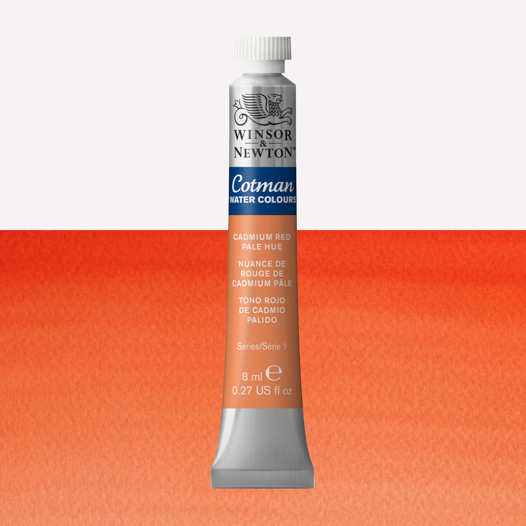 Winsor & Newton Cotman watercolour paint packaged in 8ml silver tubes with a white lid in the shade Cadmium Red Pale Hue  over a highly pigmented colour swatch.