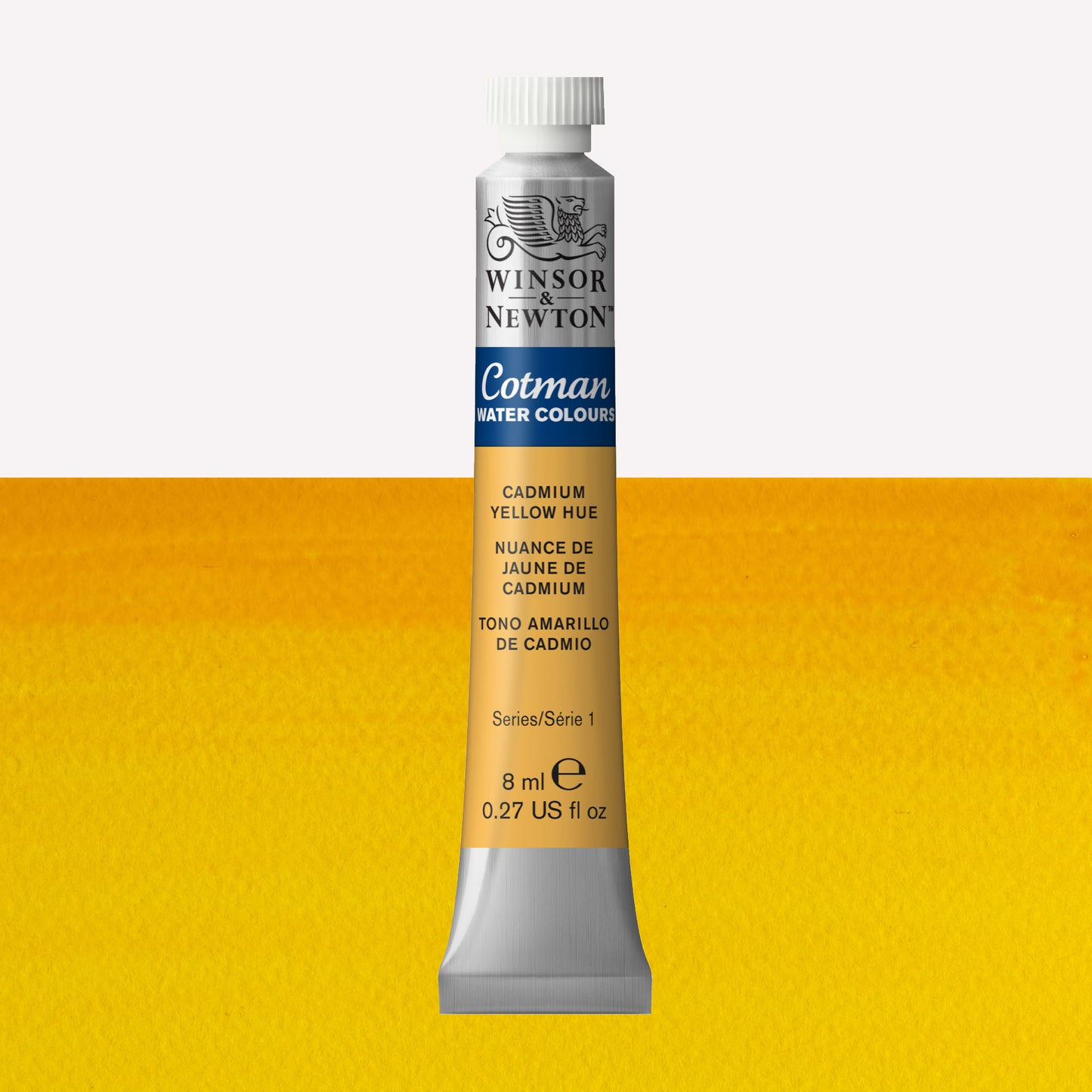Winsor & Newton Cotman watercolour paint packaged in 8ml silver tubes with a white lid in the shade Cadmium Yellow Hue, over a mid-range yellow colour swatch.