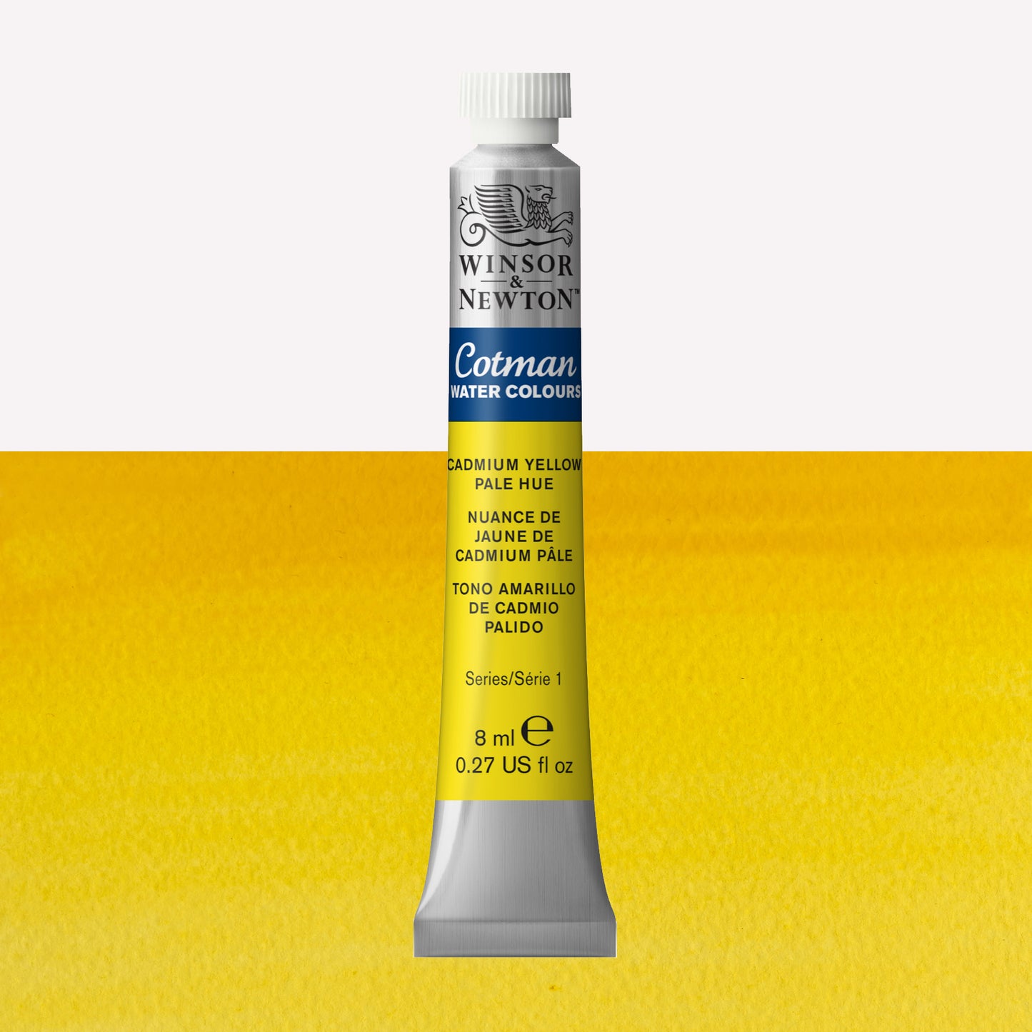 Winsor & Newton Cotman watercolour paint packaged in 8ml silver tubes with a white lid in the shade Cadmium Yellow Hue Pale over a strong light yellow colour swatch.