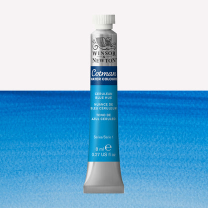 Winsor & Newton Cotman watercolour paint packaged in 8ml silver tubes with a white lid in the shade Cerulean Blue Hue over a highly pigmented colour swatch.