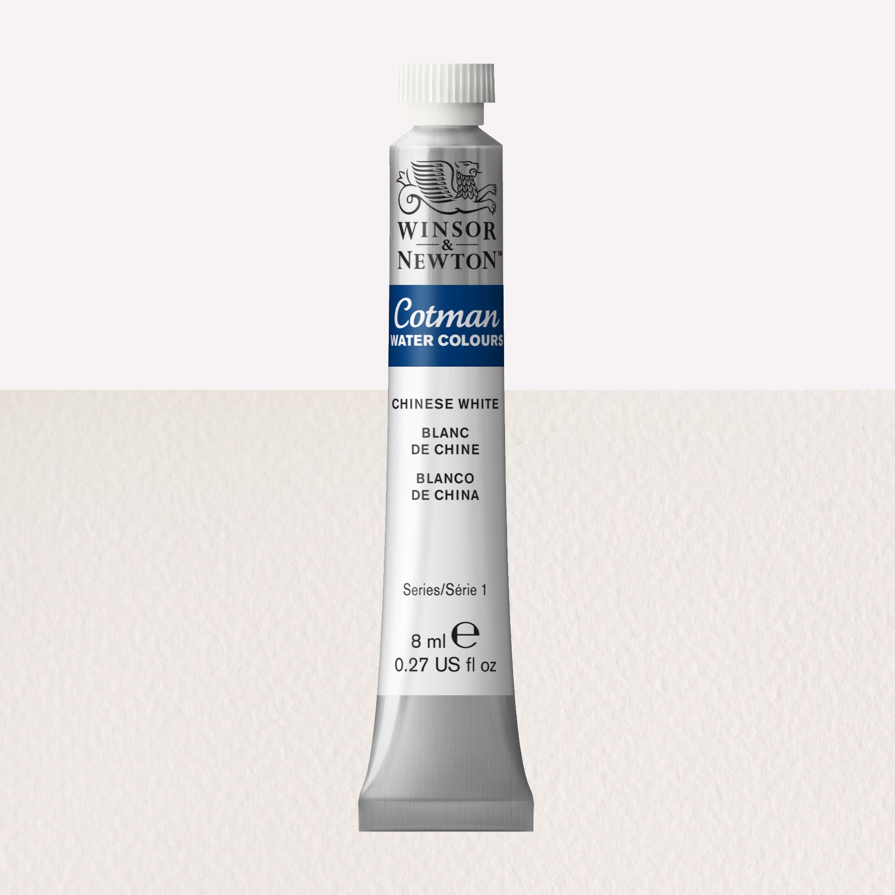 Winsor & Newton Cotman watercolour paint packaged in 8ml silver tube with a white lid in the shade Chinese White over a highly pigmented colour swatch.