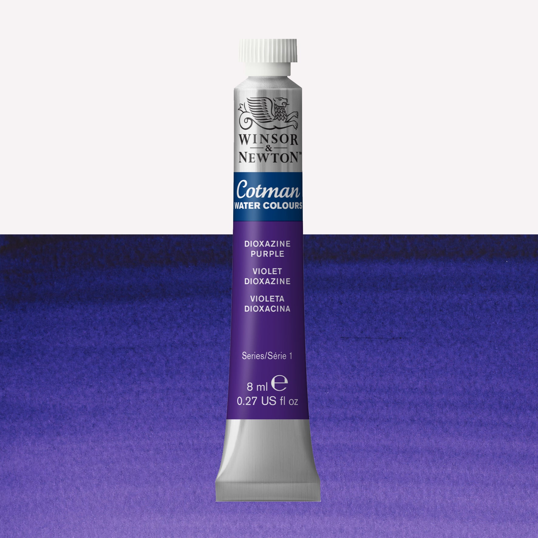 Winsor & Newton Cotman watercolour paint packaged in 8ml silver tubes with a white lid in the shade Dioxazine Purple over a highly pigmented colour swatch.