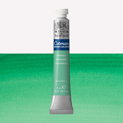 Winsor & Newton Cotman watercolour paint packaged in 8ml silver tube with a white lid in the shade Emerald over a highly pigmented colour swatch.