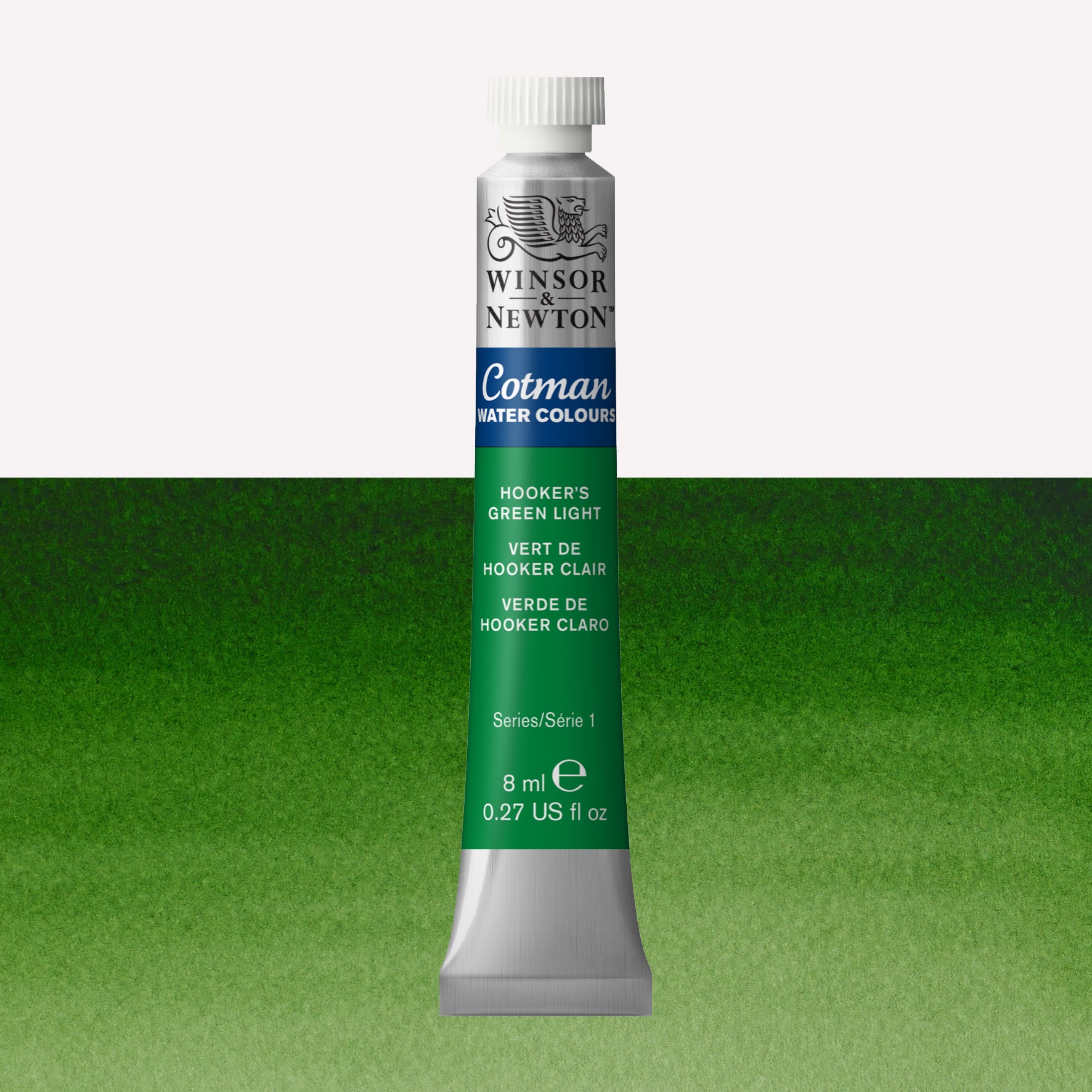 Winsor & Newton Cotman watercolour paint packaged in 8ml silver tube with a white lid in the shade Hooker’s Green Light over a highly pigmented colour swatch.