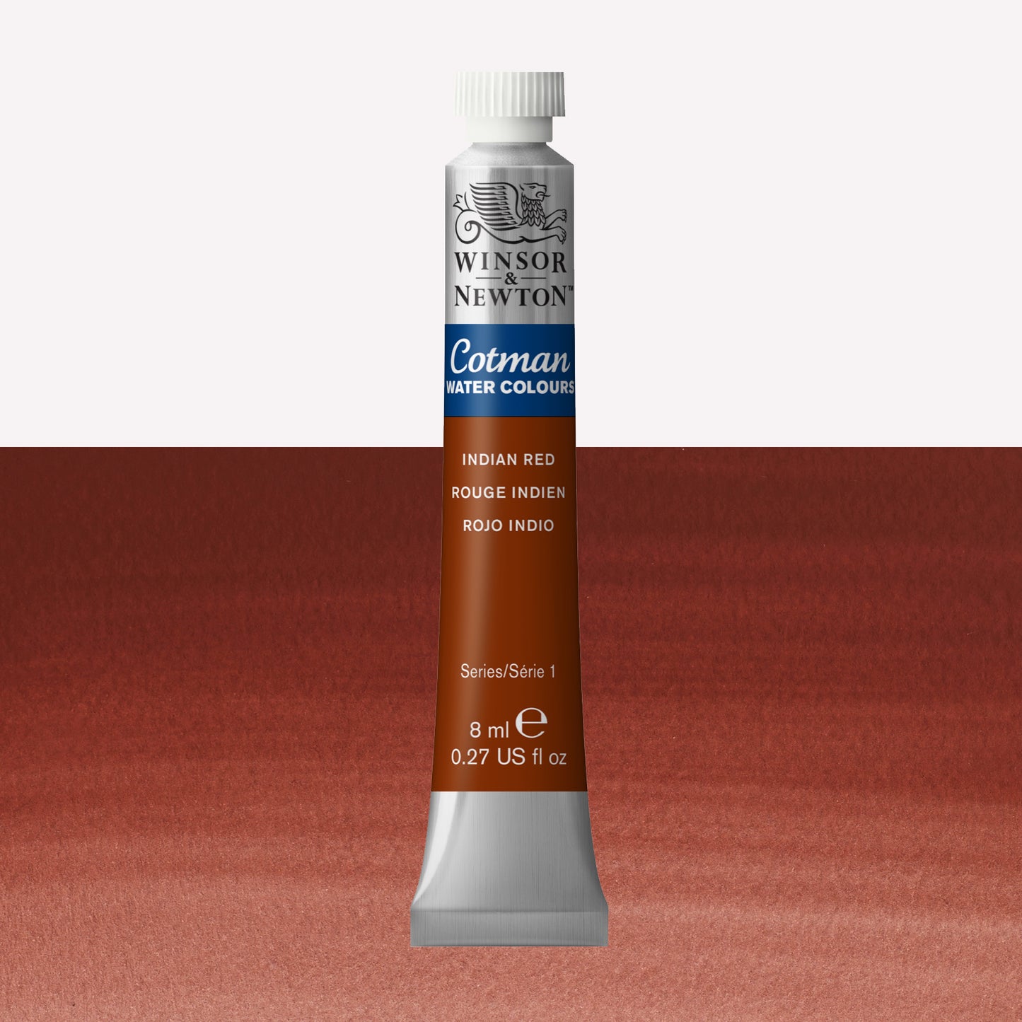 Winsor & Newton Cotman watercolour paint packaged in 8ml silver tube with a white lid in the shade Indian red over a highly pigmented colour swatch.