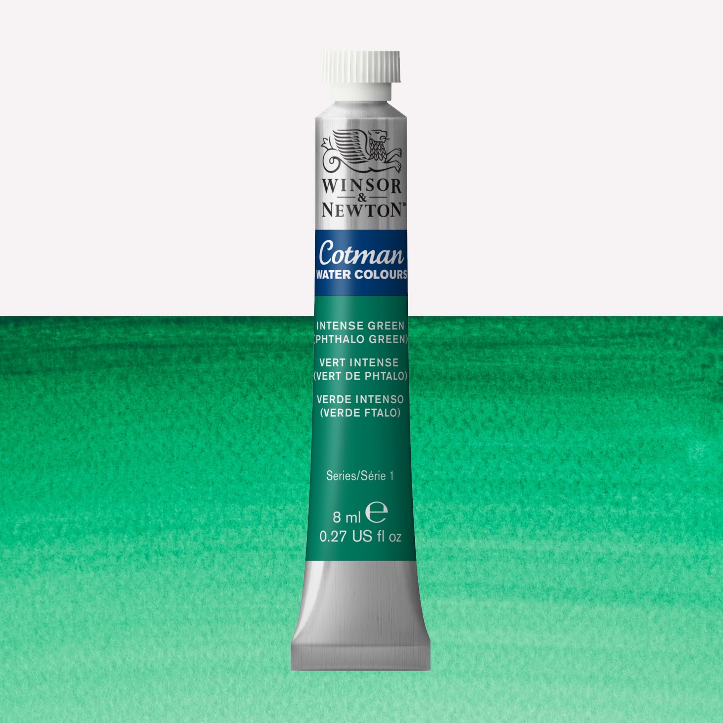 Winsor & Newton Cotman watercolour paint packaged in 8ml silver tube with a white lid in the shade Intense (phthalo) Green over a highly pigmented colour swatch.