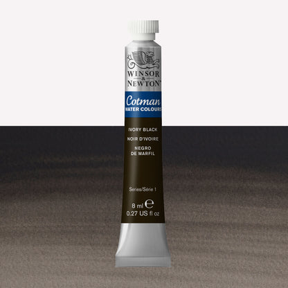 Winsor & Newton Cotman watercolour paint packaged in 8ml silver tube with a white lid in the shade Ivory Black over a highly pigmented colour swatch.