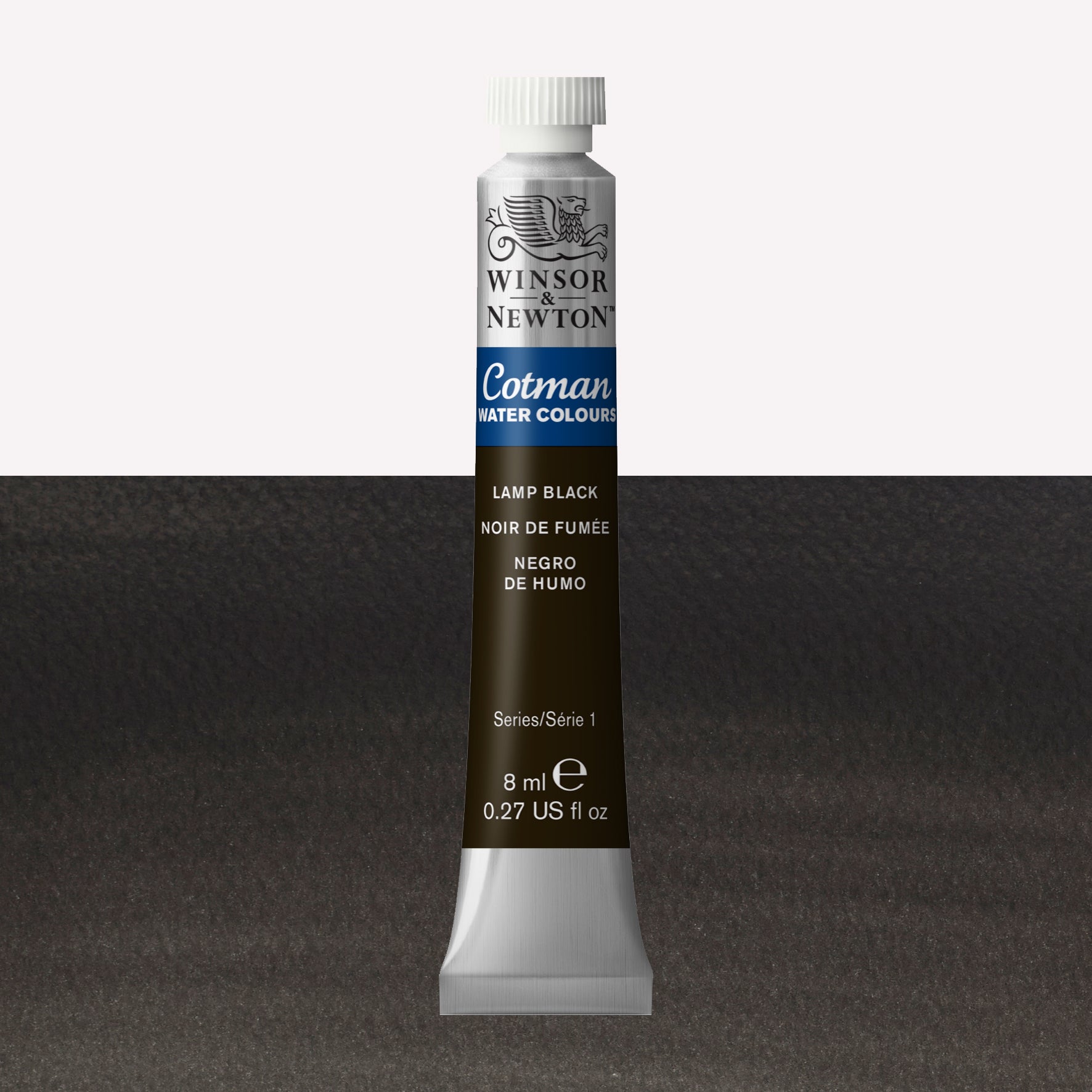 Winsor & Newton Cotman watercolour paint packaged in 8ml silver tube with a white lid in the shade lamp Black over a highly pigmented colour swatch.