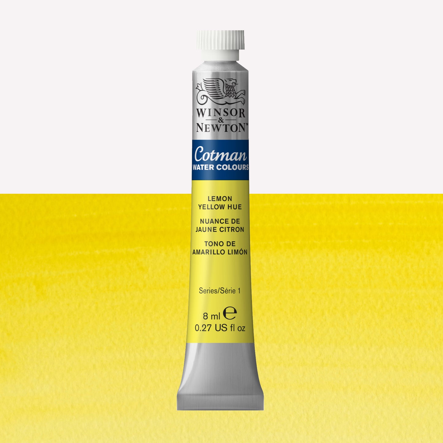 Winsor & Newton Cotman watercolour paint packaged in 8ml silver tubes with a white lid in the shade Lemon Yellow Hue, over a vibrant yellow colour swatch.