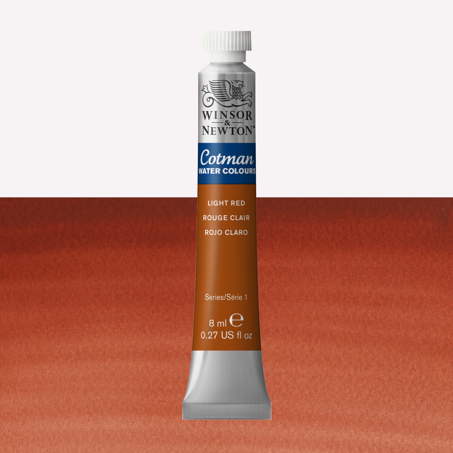 Winsor & Newton Cotman watercolour paint packaged in 8ml silver tube with a white lid in the shade Light Red over a highly pigmented colour swatch.