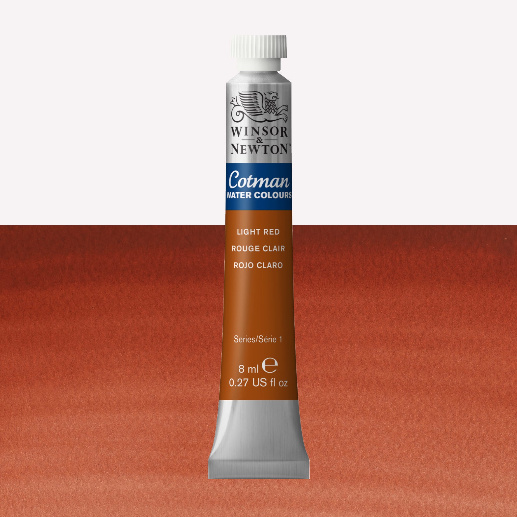 Winsor & Newton Cotman watercolour paint packaged in 8ml silver tube with a white lid in the shade Light Red over a highly pigmented colour swatch.