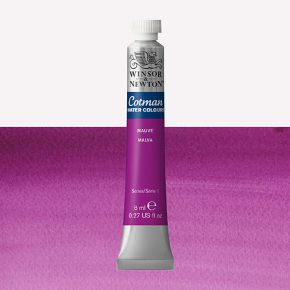 Winsor & Newton Cotman watercolour paint packaged in 8ml silver tubes with a white lid in the shade Mauve over a highly pigmented colour swatch.