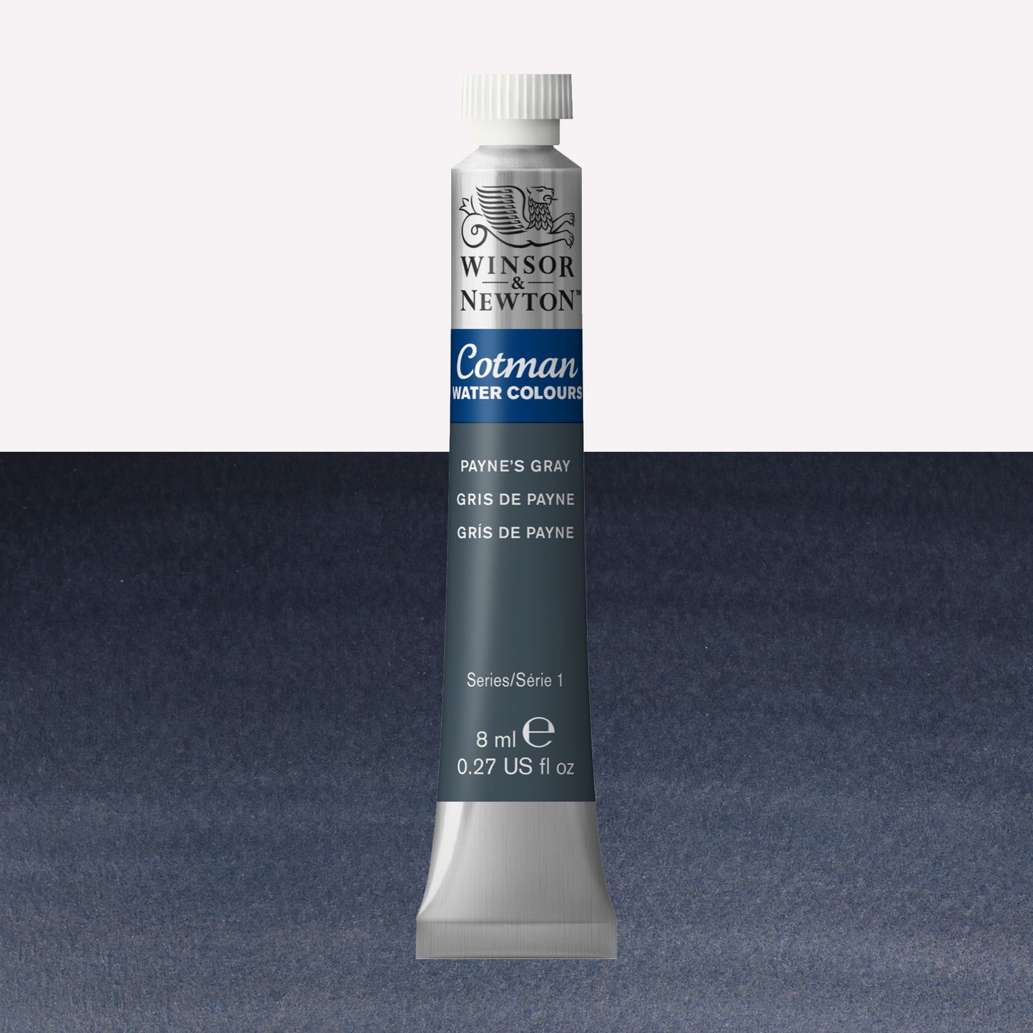 Winsor & Newton Cotman watercolour paint packaged in 8ml silver tube with a white lid in the shade Payne’s Grey over a highly pigmented colour swatch.