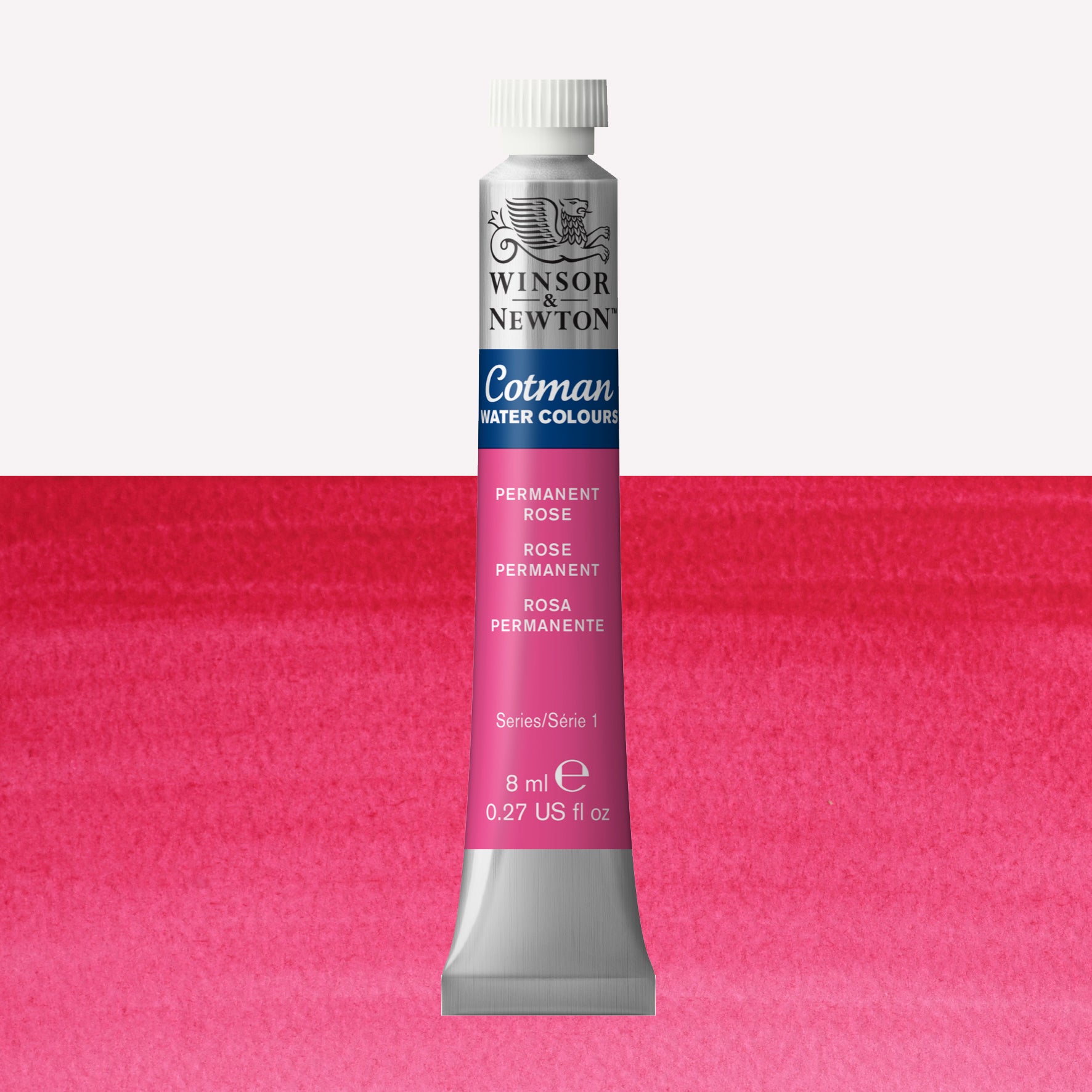 Winsor & Newton Cotman watercolour paint packaged in 8ml silver tubes with a white lid in the shade Permanent Rose over a highly pigmented colour swatch.