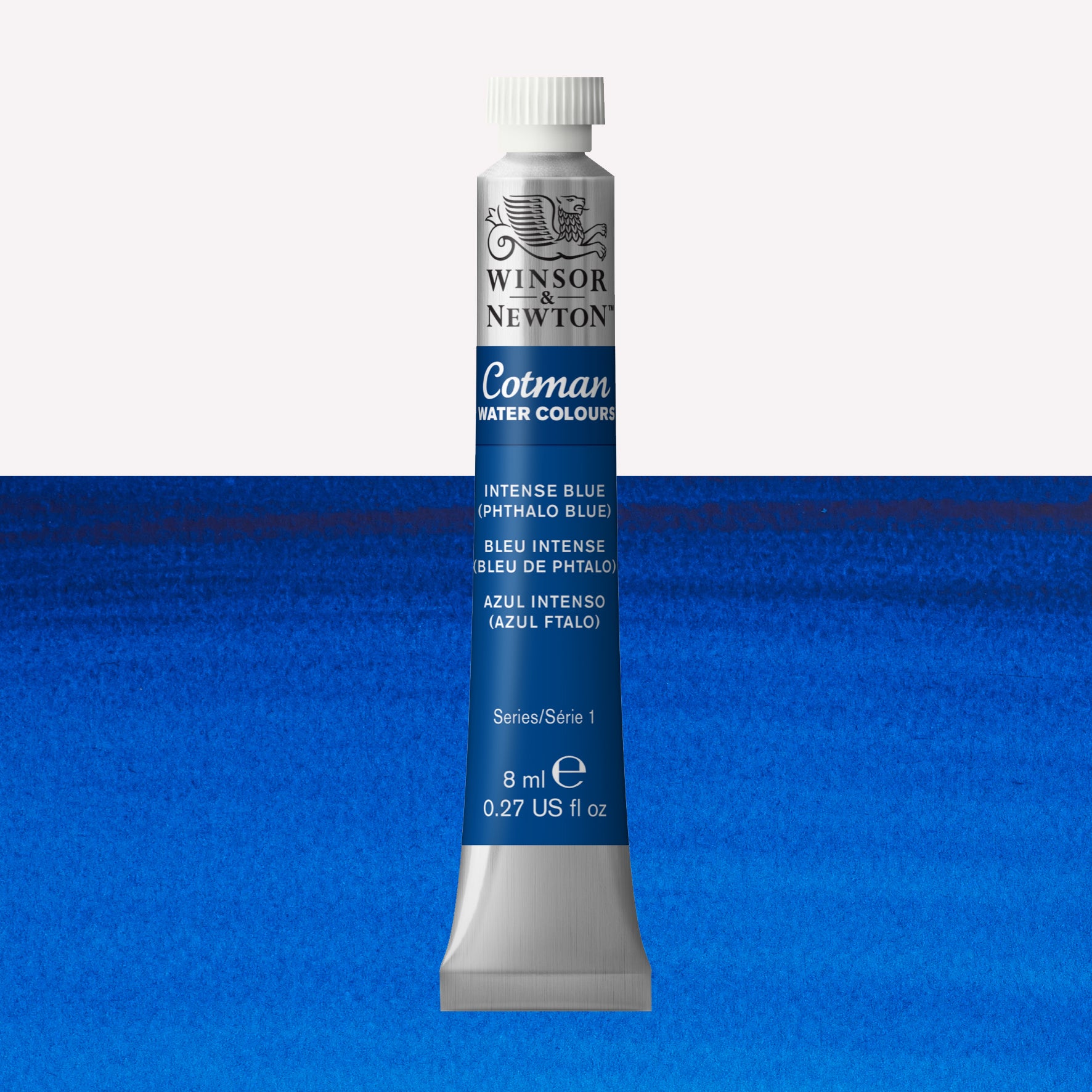 Winsor & Newton Cotman watercolour paint packaged in 8ml silver tube with a white lid in the shade Intense (phthalo) Blue over a highly pigmented colour swatch.