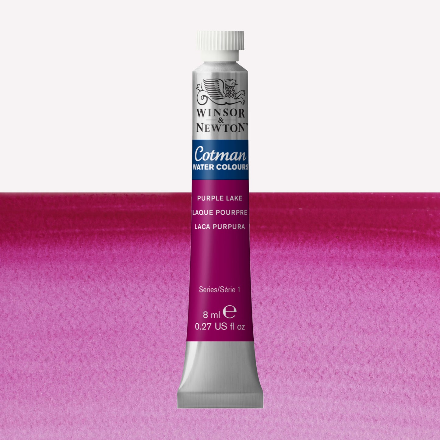 Winsor & Newton Cotman watercolour paint packaged in 8ml silver tubes with a white lid in the shade Purple Lake over a highly pigmented colour swatch.