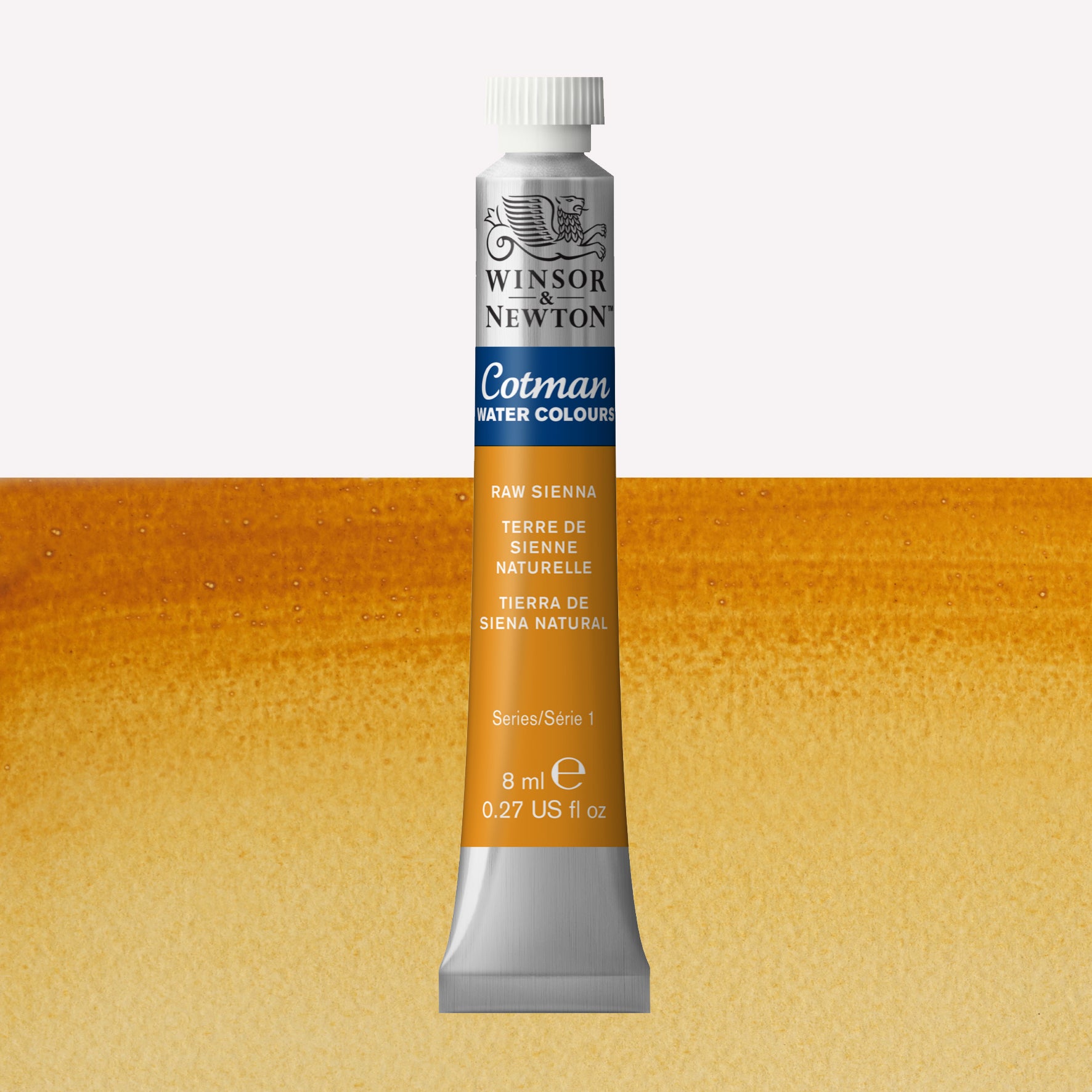 Winsor & Newton Cotman watercolour paint packaged in 8ml silver tube with a white lid in the shade Raw Sienna over a highly pigmented colour swatch.