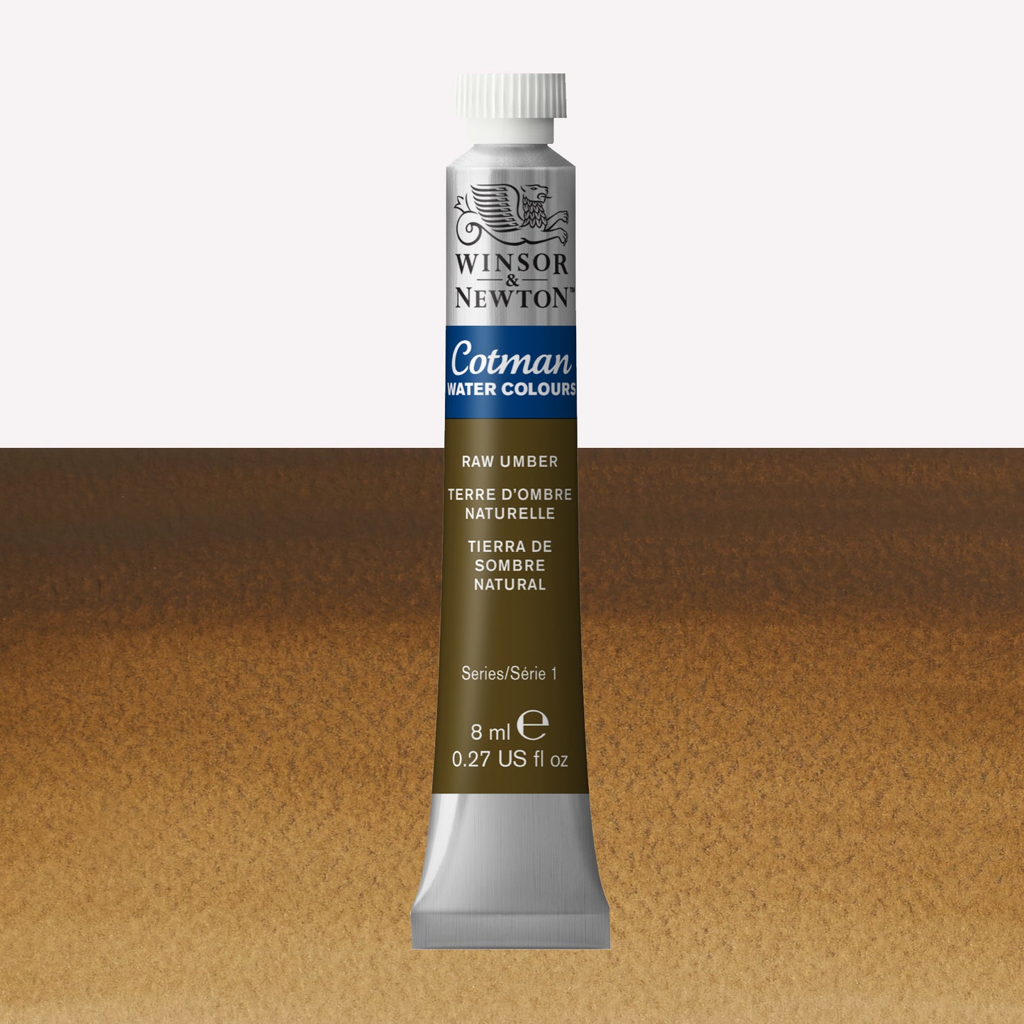 Winsor & Newton Cotman watercolour paint packaged in 8ml silver tube with a white lid in the shade Raw Umber over a highly pigmented colour swatch.