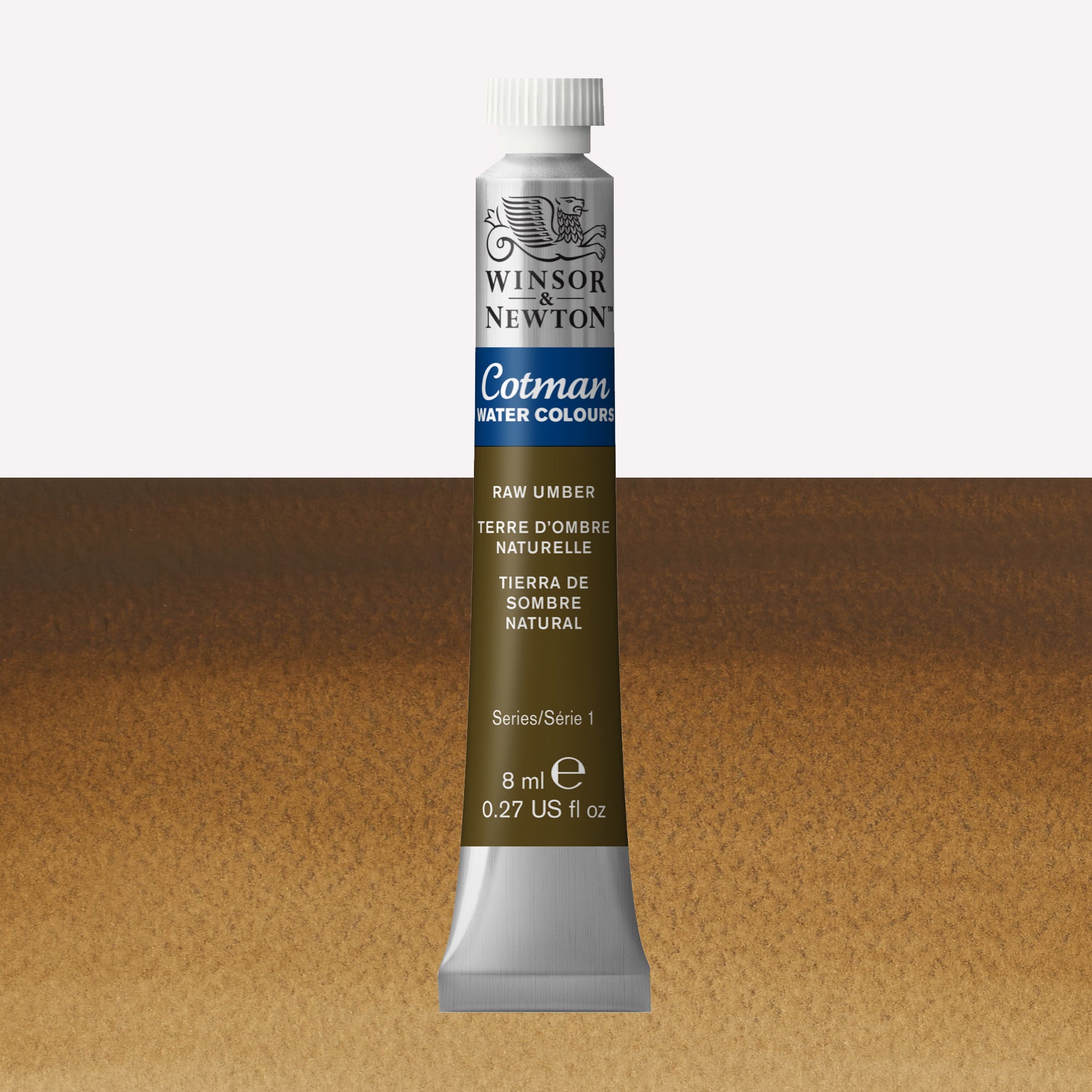 Winsor & Newton Cotman watercolour paint packaged in 8ml silver tube with a white lid in the shade Raw Umber over a highly pigmented colour swatch.