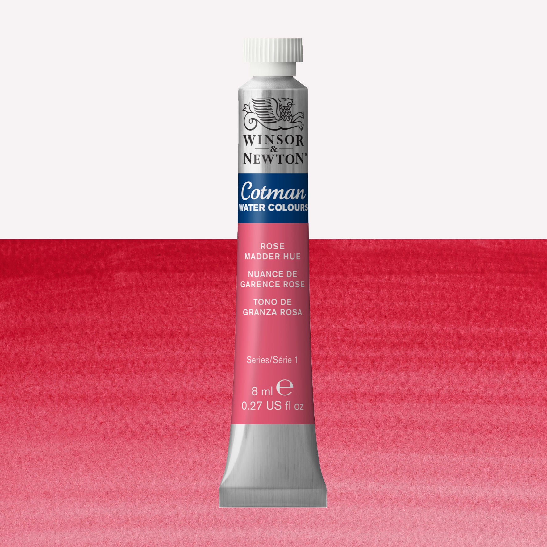 Winsor & Newton Cotman watercolour paint packaged in 8ml silver tubes with a white lid in the shade Rose Madder Hue over a highly pigmented colour swatch.