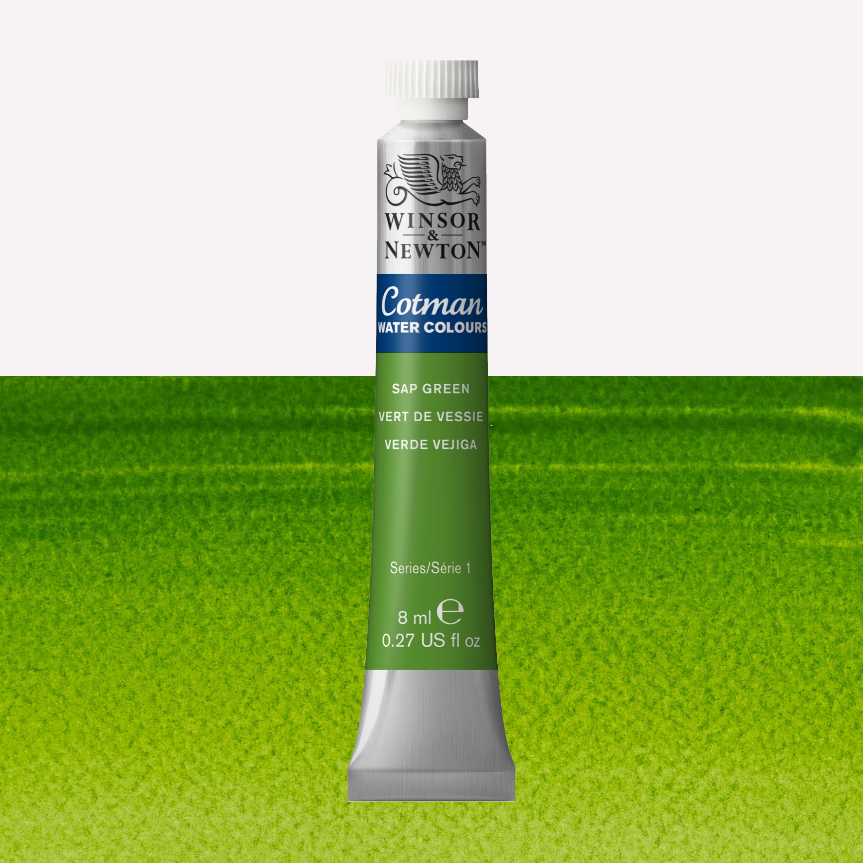 Winsor & Newton Cotman watercolour paint packaged in 8ml silver tube with a white lid in the shade Sap Green over a highly pigmented colour swatch.