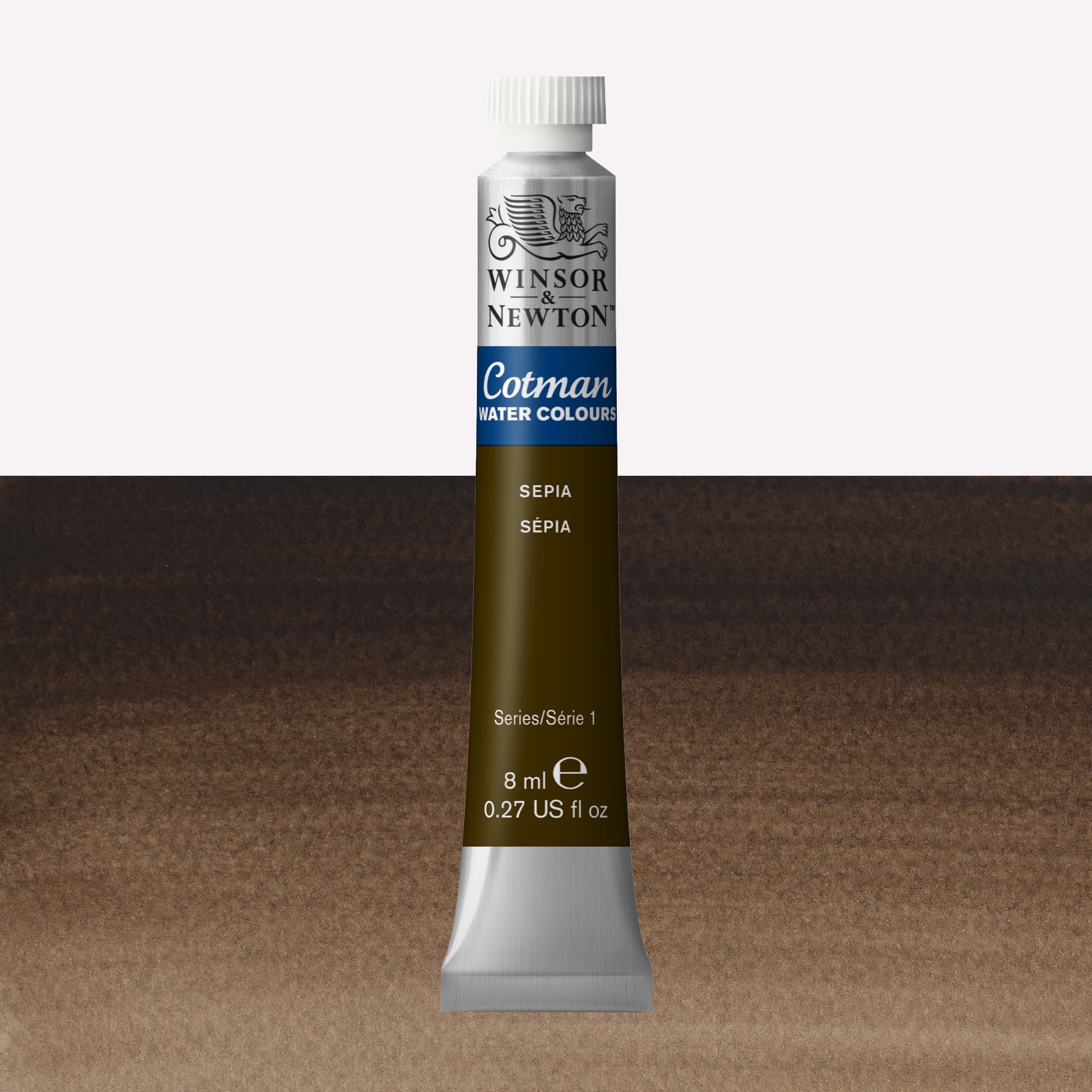 Winsor & Newton Cotman watercolour paint packaged in 8ml silver tube with a white lid in the shade Sepia over a highly pigmented colour swatch.