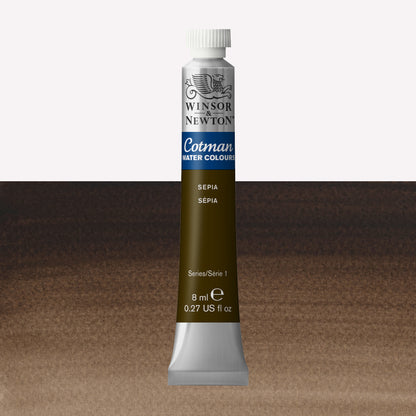 Winsor & Newton Cotman watercolour paint packaged in 8ml silver tube with a white lid in the shade Sepia over a highly pigmented colour swatch.