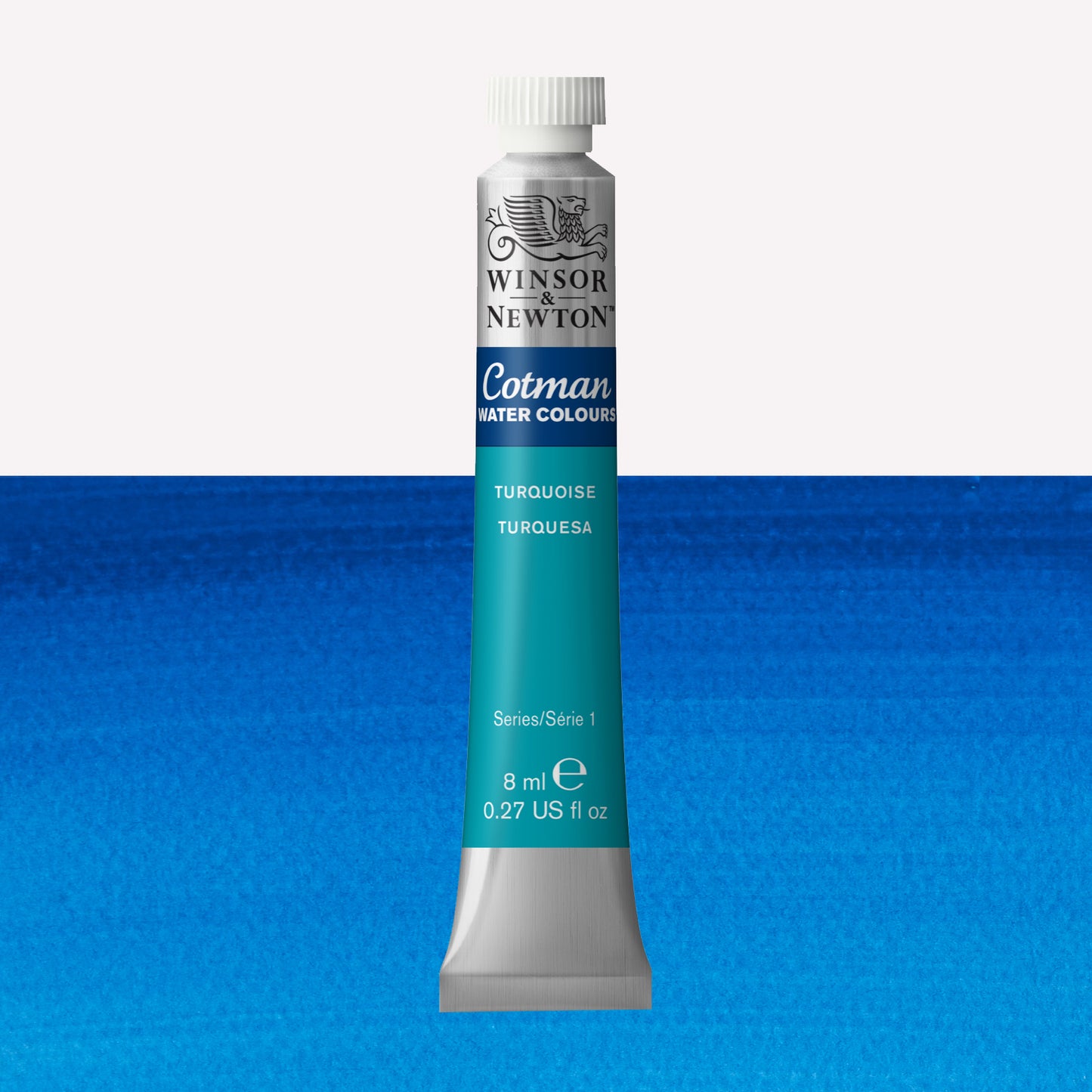 Winsor & Newton Cotman watercolour paint packaged in 8ml silver tubes with a white lid in the shade Turquoise over a highly pigmented colour swatch.