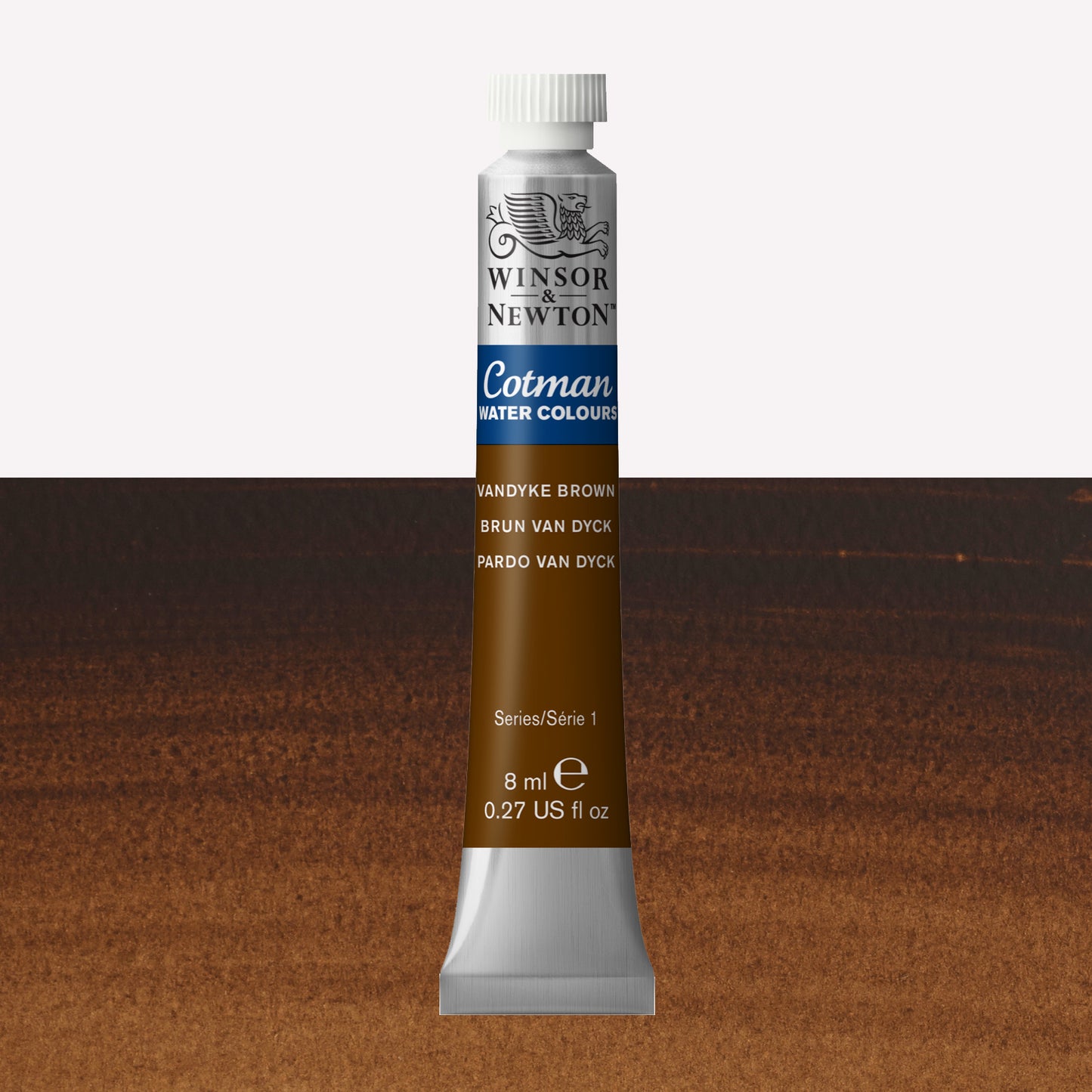 Winsor & Newton Cotman watercolour paint packaged in 8ml silver tube with a white lid in the shade Vandyke Brown over a highly pigmented colour swatch.