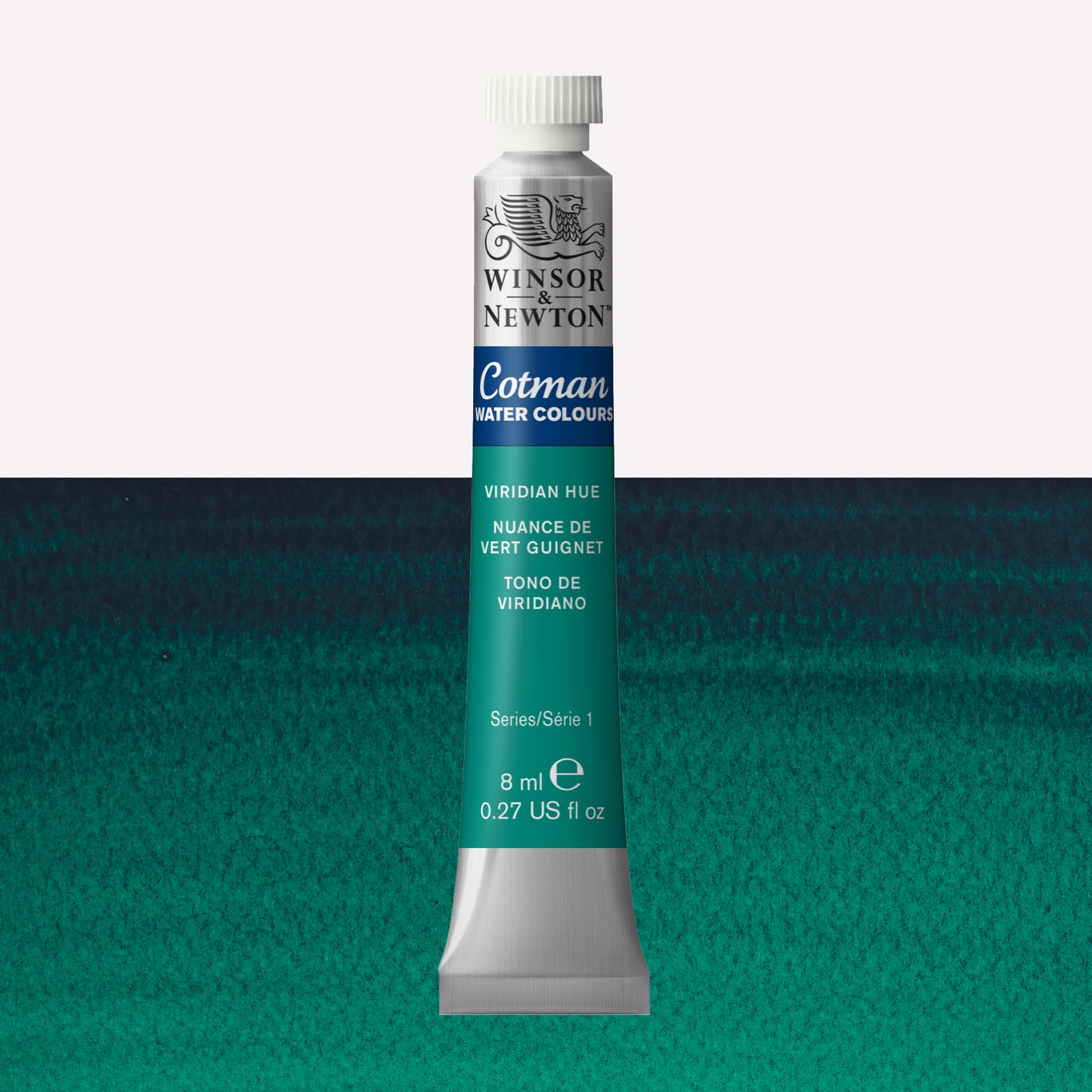 Winsor & Newton Cotman watercolour paint packaged in 8ml silver tube with a white lid in the shade Viridian Hue over a highly pigmented colour swatch.