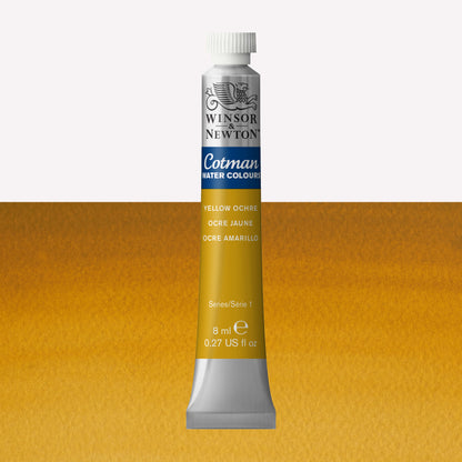 Winsor & Newton Cotman watercolour paint packaged in 8ml silver tube with a white lid in the shade Yellow Ochre over a highly pigmented colour swatch.