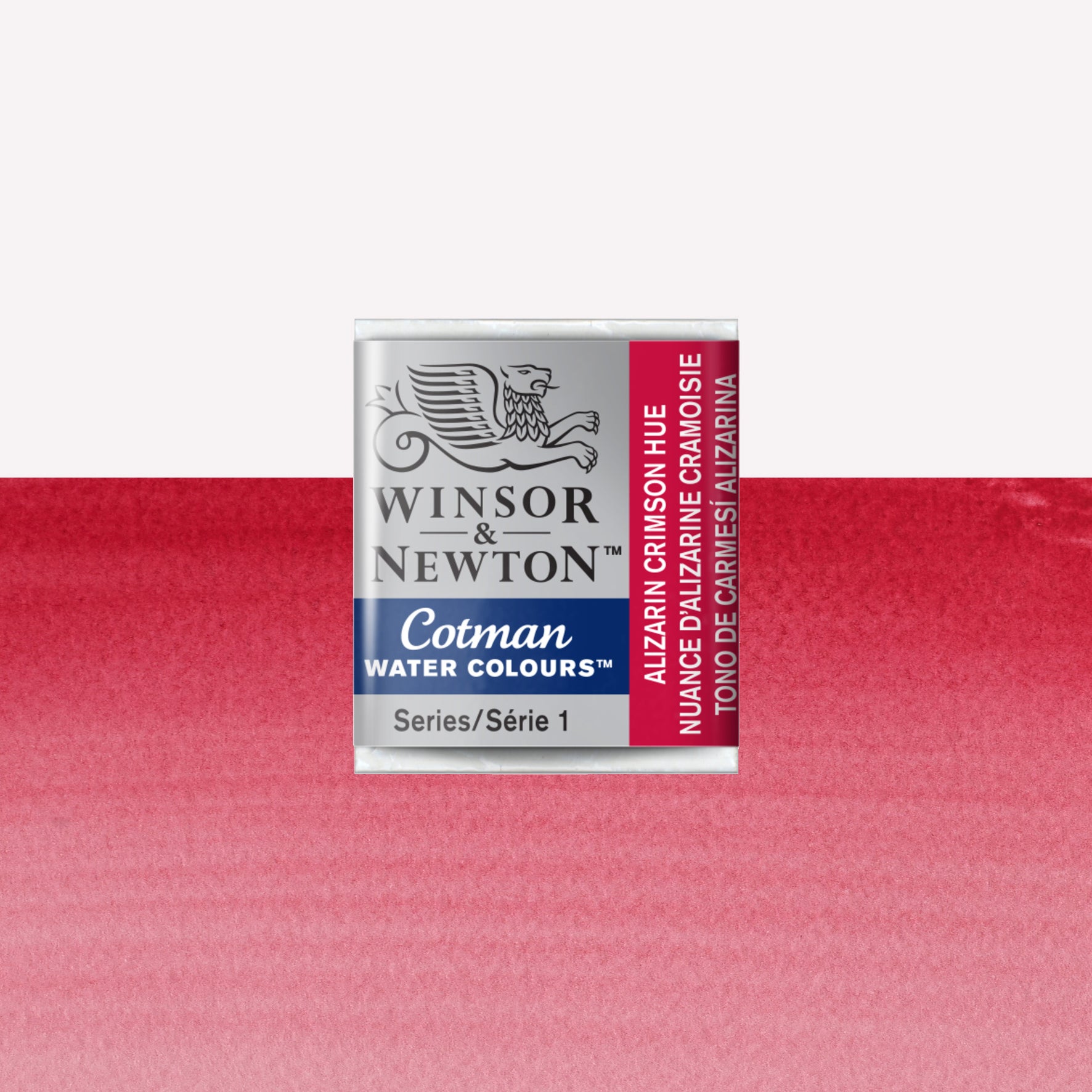 Winsor & Newton Cotman watercolour half pan in the shade Alizarin Crimson Hue over a vibrant colour swatch. These half pans have a solid formula and are packaged in compressed paint cake. 