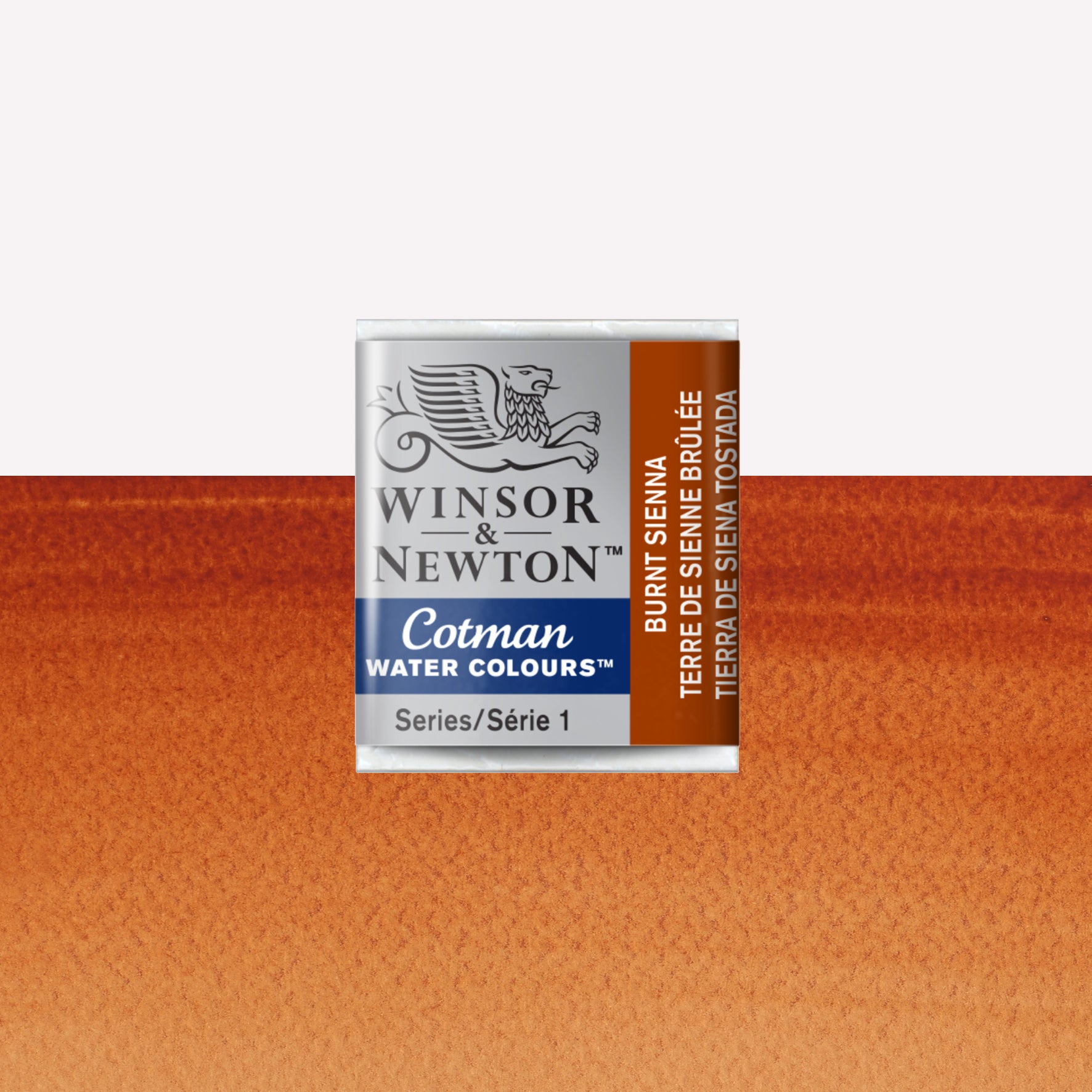 Winsor & Newton Cotman watercolour half pan in the shade Burnt Sienna over a vibrant colour swatch. These half pans have a solid formula and are packaged in compressed paint cake. 