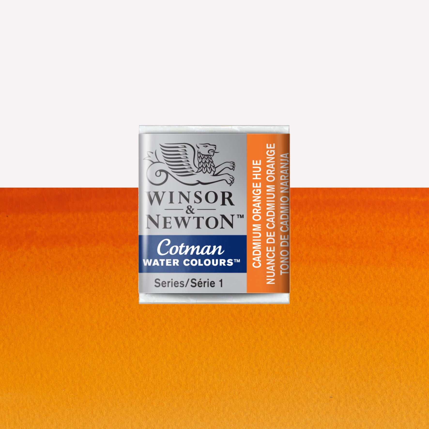 Winsor & Newton Cotman watercolour half pan in the shade Cadmium Orange Hue over a vibrant colour swatch. These half pans have a solid formula and are packaged in compressed paint cake. 
